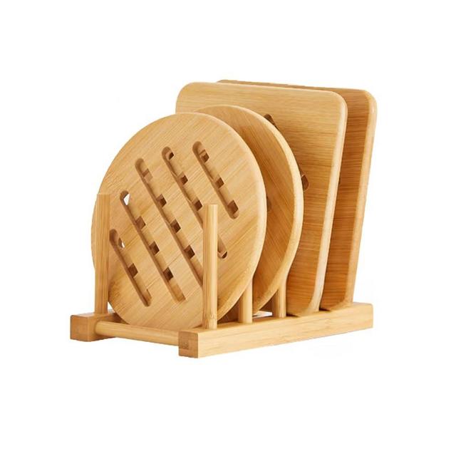 AlftoTrivets for Hot Pots and Pans, Bamboo Trivet Hot Pads for Kitchen Counter, Trivet Stand Mat Set Coaster for Kitchen, Wooden Heat Resistant Holder for Bowl/Dishes/Teapot/Table (4pcs+1rack)