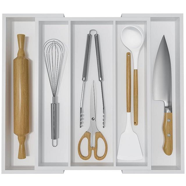WUSHIZHUHUN Utensil Organizer for Kitchen Drawers - Bamboo Silverware Tray Expandable 5 Slots Drawer Organizer for Office and Pantry Supplies W13.7-19.9" x L17.6 X H2.5 (White)