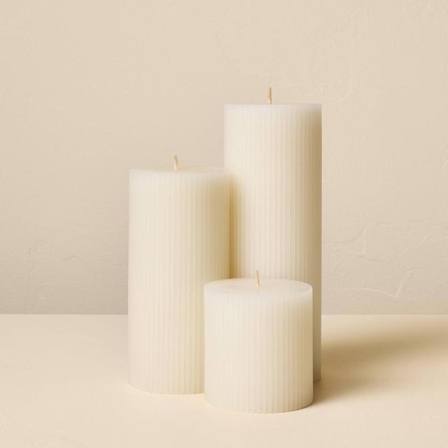 3ct Unscented 3x3/3x6/3x8 Ribbed Pillar Candles Cream - Hearth & Hand™ with Magnolia