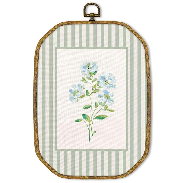 GUULIJEEMIY Blue Floral Canvas Wall Art Decor, Cottage Core Botanical Octagon Framed Wall Art Prints, Sage Green Striped Cottagecore Grandma Core Hanging Decor for Home Living Room Gallery, 10.2x7In