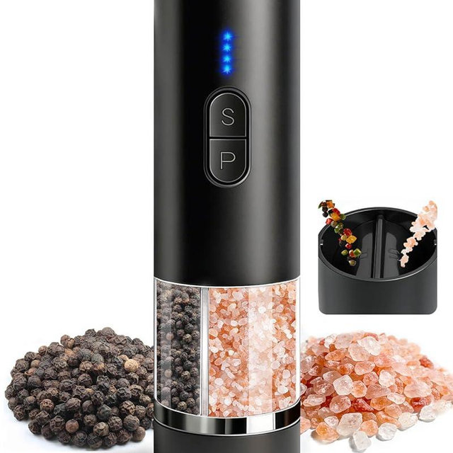 Aotto Electric Salt and Pepper Grinder Set - 2-in-1 Dual-Chamber Automatic Rechargeable USB-C One-Hand Mill, Adjustable Coarseness, LED Light, Ceramic Core, Easy-Use Kitchen Gift