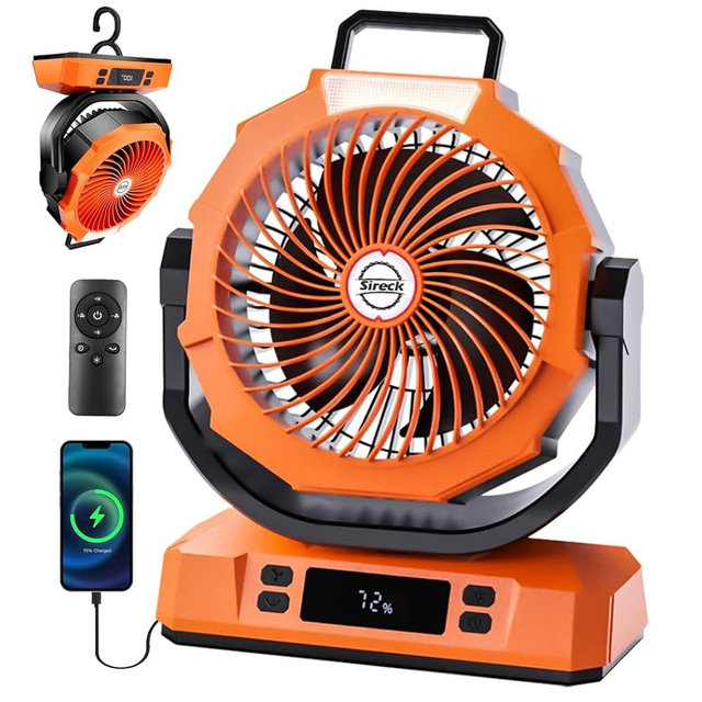 Sireck Camping Fan Rechargeable Portable Fan 12-Inch, 40000mAh Battery Powered Fan with LED Light, Digital Display, Timer, 6 Wind Speeds Cordless USB Desk Fan for Tent, Travel (Orange)