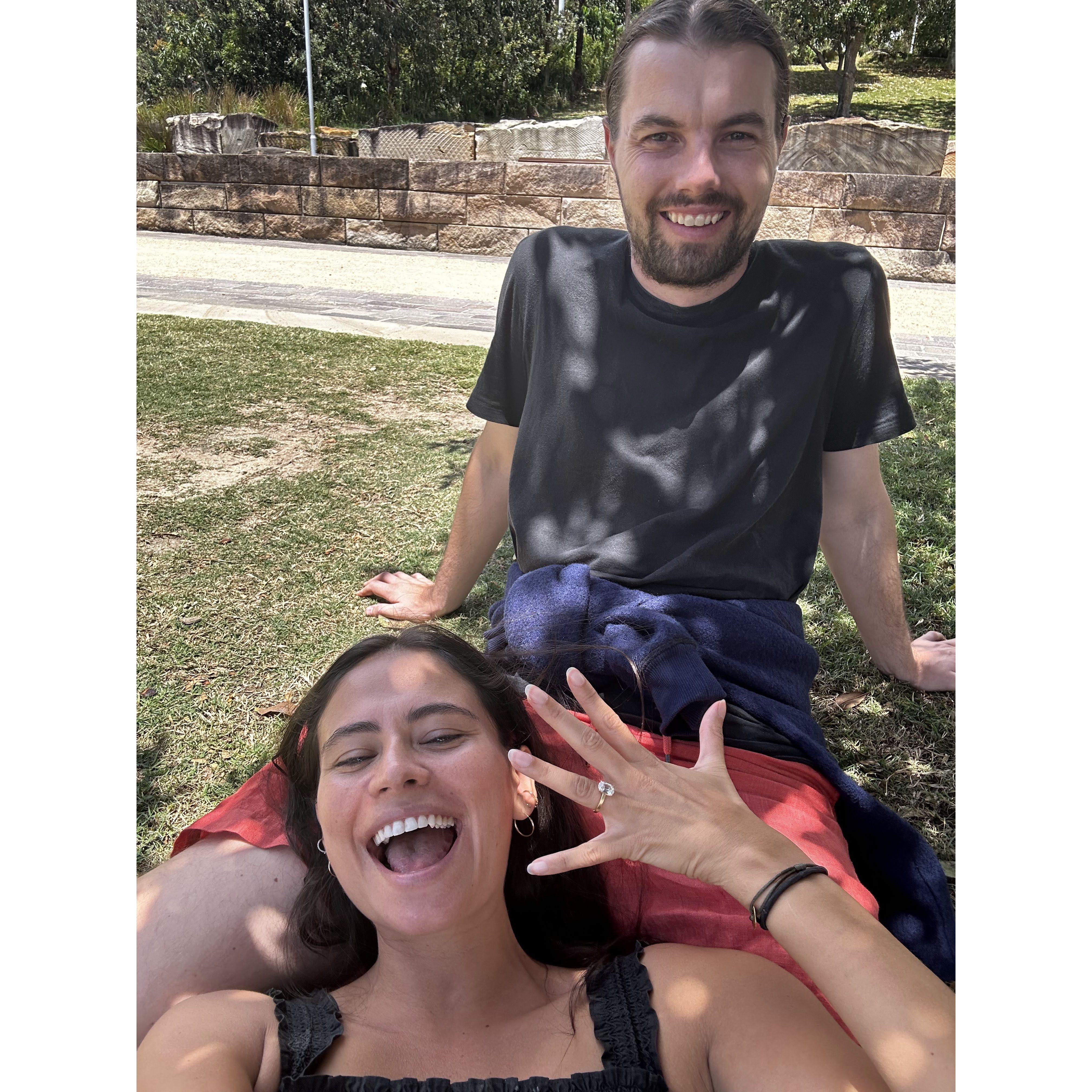 January 2024, celebrating post-engagement joy at a small park in Sydney
