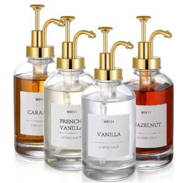 Coffee Syrup Pump Dispenser with Labels for Coffee Bar Accessories, Gold Pump, 16.9 oz, 4 Pack