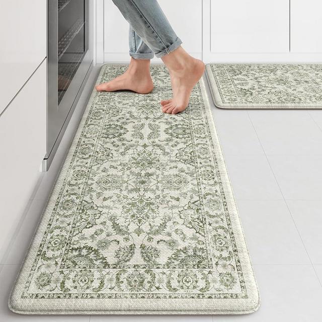 KIMODE Anti Fatigue Kitchen Mat Set, Non Slip Waterproof Kitchen Rug Set of 2, Boho Rugs for Kitchen, Ergonomic Standing Kitchen Sink Mats for Floor, 17.3"x47"+17.3"x29", Green