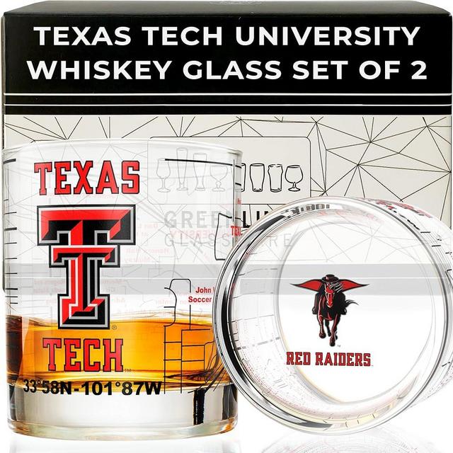 Greenline Goods Texas Tech University Whiskey Glass Set (2 Low Ball Glasses) - Contains Full Color Raider Red Logo & Campus Map - Gift Idea for Texas Tech College Grads & Alumni - Glassware