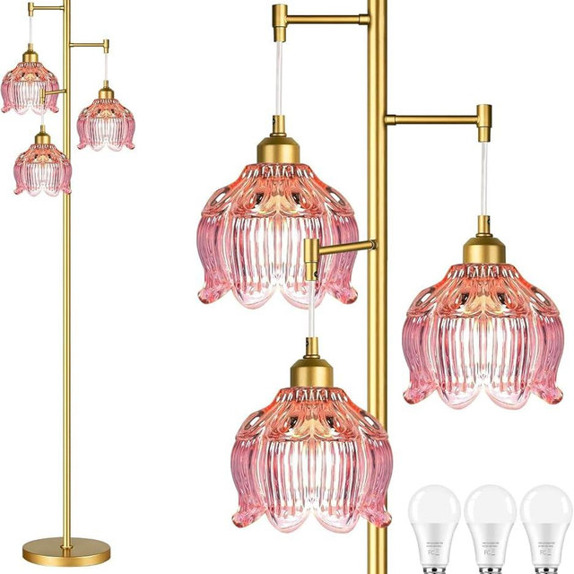 ILLMTW Glass Floor Lamp for Living Room,Bedroom,Gold Flower Mid Century Modern Standing Lamp Brass Tree 3 Light Tall Floor Lamps Vintage Floor Lights Pink Lamp Shade Farmhouse Boho Bohemian