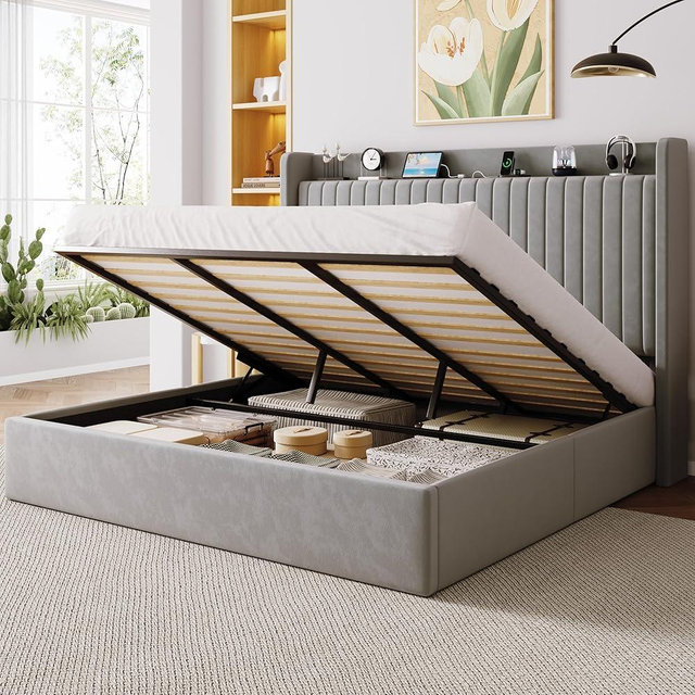 Allewie King Size Lift Up Storage Bed Frame,Storage Shelf Headboard with Charging Station,Type-C and USB Ports,Hydraulic Support,Velvet Upholstered Bed Frame,No Box Spring Needed,Grey