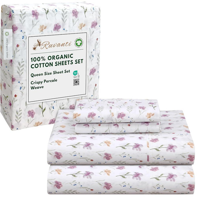 RUVANTI 100% Organic Cotton Sheets Queen Size, Percale Weave, GOTS Certified, 4-Piece Set, Deep Pocket 15", Crisp & Breathable, Soft Durable Bedding, Sábanas Algodón Orgánico – Obsessed Stems