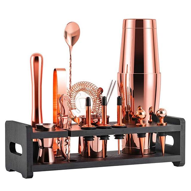 Soing 24-Piece Cocktail Shaker Set,Perfect Home Bartender Kit for Drink Mixing,Stainless Steel Bar Tools With Stand,Velvet Carry Bag & Recipes Cards Included (Rose Copper)