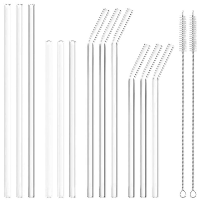 OKGD 12 Pcs Reusable Glass Straws - Size 10.5"x8mm,8.5"x8mm,Including 6 Straight and 6 Bent Clear Glass Straws with 2 Cleaning Brush for for Smoothies, Coffee, Juice, Sodas, Cocktails