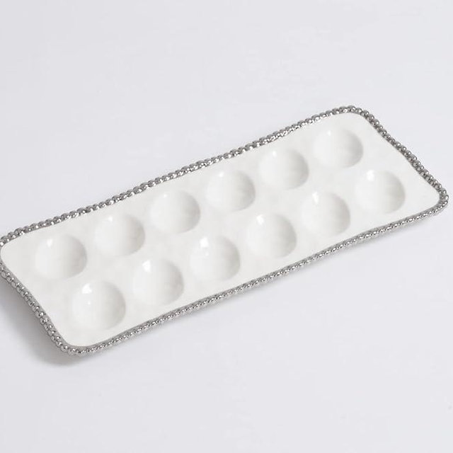 Pampa Bay Titanium-Plated Porcelain Deviled Egg Tray, 14.5 x 6.3 Inch, Silver/White Tone, Oven, Freezer, Dishwasher Safe