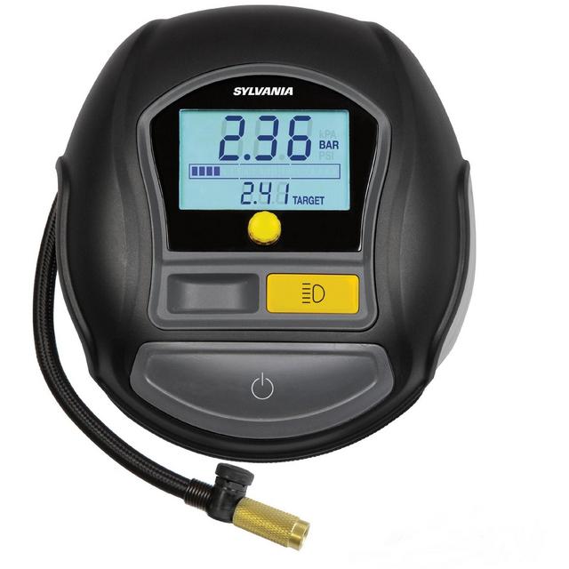 SYLVANIA RAPID Portable Tire Inflator - Large LED Digital Display Gauge with Quick Set Auto Stop Inflation and Setting Memory - LED Work Light -Carrying Case, Gloves, Spare Valve Stem Caps, Spare Fuse