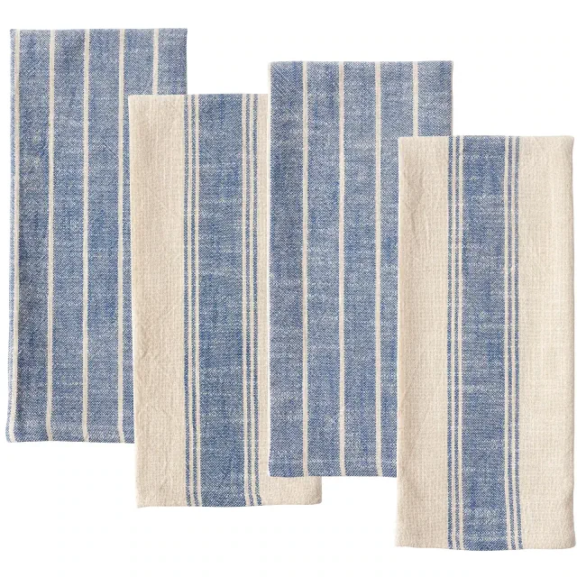 KAF Home Monaco Set of 4 Natural Rustic Slubbed Kitchen Towels, 100% Cotton, 18" x 28"-Navy
