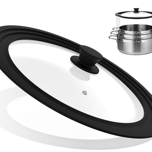 Universal Lid for Pots, Pans and Skillets Vented Tempered Glass with Heat Resistant Silicone Rim, Fits 11 inch, 12 inch, 12.5 inch Cookware, Replacement Lid, Black