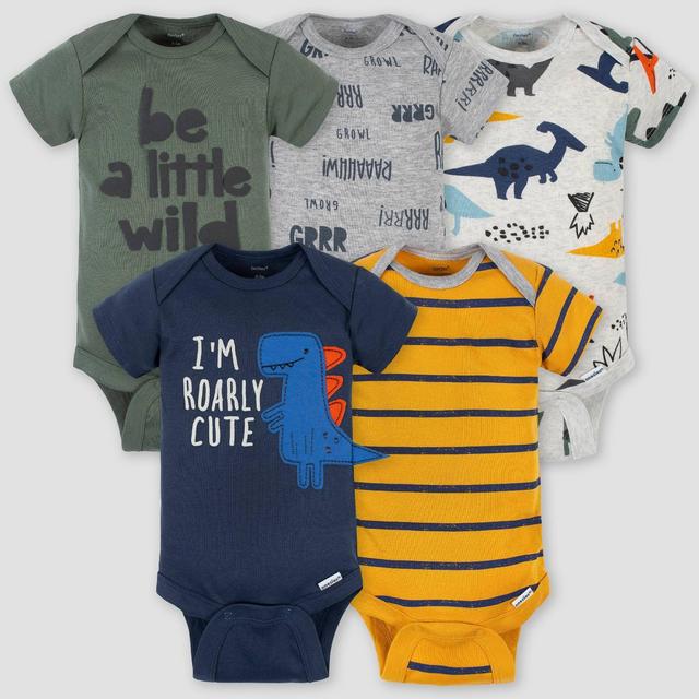 Gerber Baby Boys' 5pk Dino Short Sleeve Onesies - Green/Blue/Yellow 6-9M