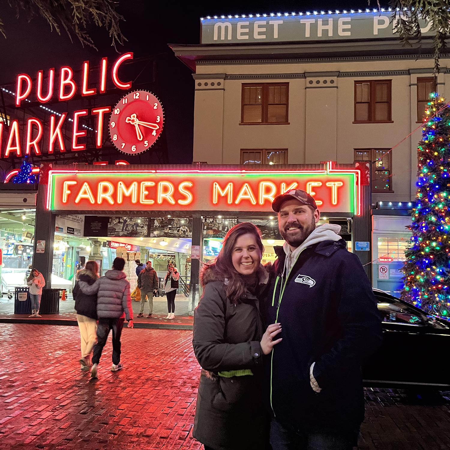 Pike Place Market at Christmas after cheering for the Hawks!