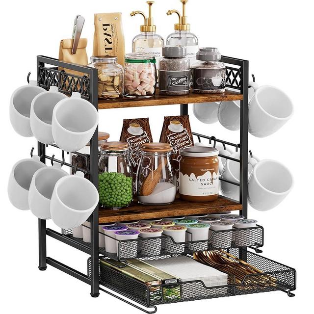 Plaviya Coffee Bar Organizer Countertop Station Shelf - 4 Tier Mug Holder Stand With 12 Hooks, 30 K Cup Pod Drawer, Multifunctional Shelf for Accessories Kitchen