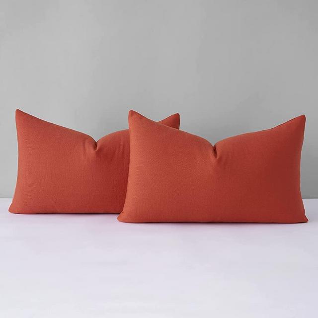 Mixhug Decorative Linen Throw Pillow Covers, Farmhouse Lumbar Cushion Covers for Couch and Bed, Rust, 12 x 20 Inches, Set of 2