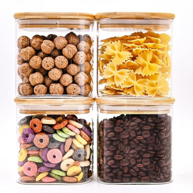 Glass Food Storage Jars Square 24oz, 4 Pack Glass Jars With Bamboo Lids, Kitchen Storage Containers For Spice, Candy, Cookie, Storage For Pantry Organizers