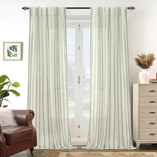 DriftAway Farmhouse Curtains for Living Room Vertical Striped Linen Window Curtains Semi Sheer Light Filtering Back Tab Rod Pocket, 84 Inches Long, 2 Panels, Pinstripe Loden Green on Beige