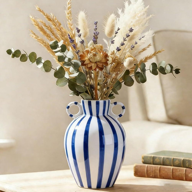 Ceramic Striped Flower Vase with Dual Handles,6.5" Decorative Modern Vase for Home Decor,Hand-Painted Checkered Pattern Bud Vase for Tabletop,Shelf,Mantel and Office Desk (Blue)