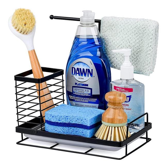 Wetheny Kitchen Sponge Holder-Kitchen Sink Caddy Organizer with Drain Pan 304 Stainless Steel for Sponges, Cleaning Cloth, Scrub Brush, Dish Soap and Hand Sanitizer ( Black )