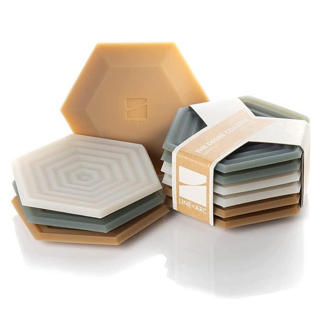 Set of 6 Degrē Coasters by LINE+ARC. 10mm Thick, Dishwasher Safe, Stain-Resistant, Outdoor, Coffee Table, Silicone, Modern, Hexagon, Mid Century, Cup, Drink, Non-Absorbent, Housewarming (Joshua Tree)
