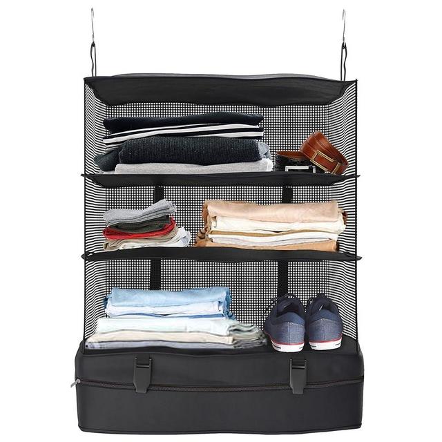 Hanging Travel Organizer - Luggage Packing Storage Cube - Carry On Closet for Suitcase with Collapsible Shelves, Smart Compact Foldable Clothes Storage Bag, Lightweight Portable Design (Black, 1-pack)