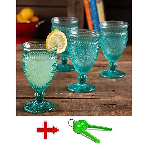 The Pioneer Woman Adeline Embossed 12-Ounce Footed Glass Goblets, Set of 4 with Lemon Squeeze (Turquoise)