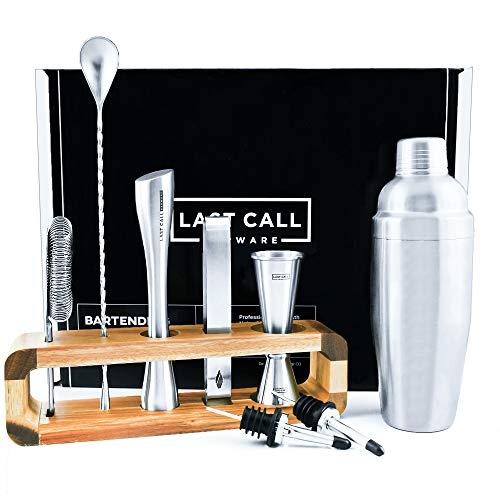 Modern Bartender Kit: 9 Piece Ultra Premium Bar Tools with Acacia Wood Stand - Amazing Professional and Home Bar Set to Craft Any Cocktail to Perfection! - Solid Durable Stainless Steel