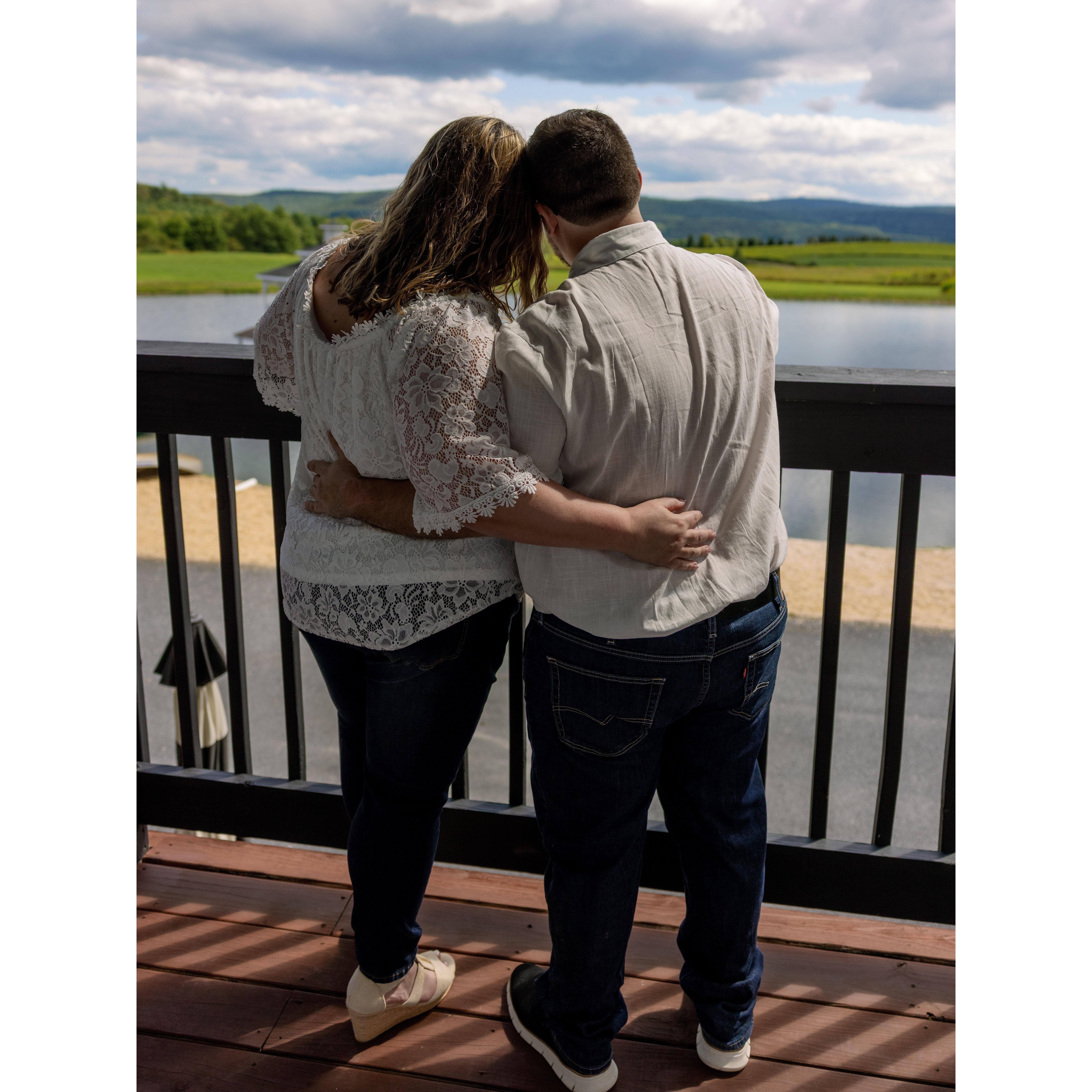 Engagement Session-Gilbertsville Farmhouse (Hotel balcony looking at the lake)
