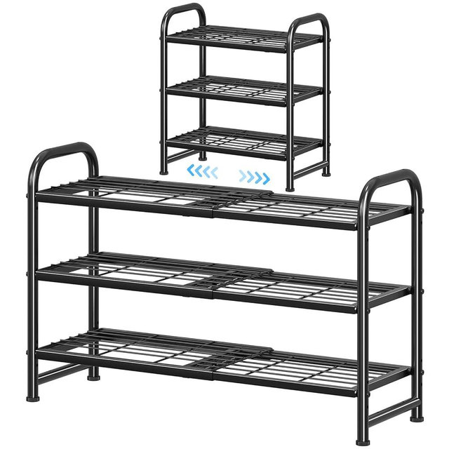 Simple Trending 3-Tier Expandable Shoe Rack, Adjustable & Stackable Shoe Organizer, Heavy Duty Metal Free Standing Shoe Shelf Storage for Closet Entryway Doorway, Black