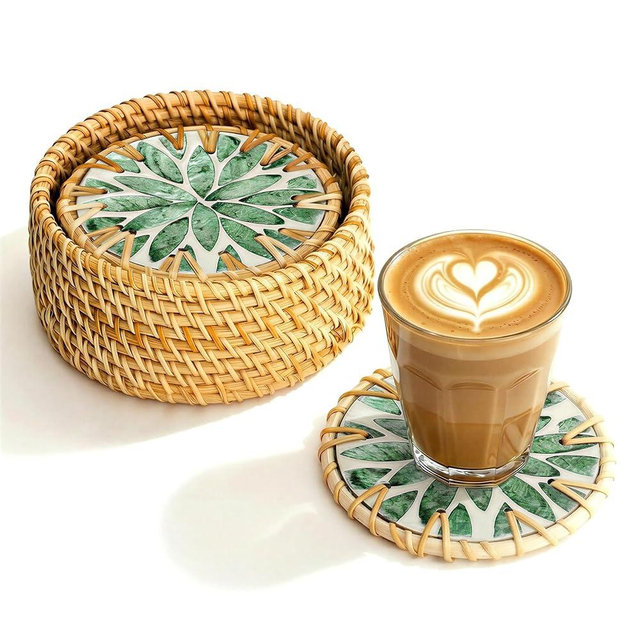 JUNGLE CULTURE Mother of Pearl Rattan Coasters for Drinks with Holder • Handmade Round Coaster Set of 6 • Sustainable Homeware • Coffee Table, Tiki Bar, Mugs, Glasses, Cups • Coastal Boho – Everglade