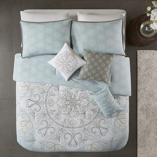 Madison Park Reversible Cotton Comforter Season Set, Matching Bed Skirt, Decorative Pillows, Queen(90"x90"), Lucinda, Medallion Seafoam 7 Piece (MP10-5267)