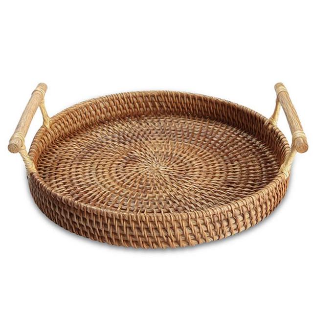 YIWEN Handmade Round Rattan Serving Tray with Handles Woven Baskets, Basket for Fruit Bread Parties Coffee Breakfast Round Decorative Tray (11", 1pc)
