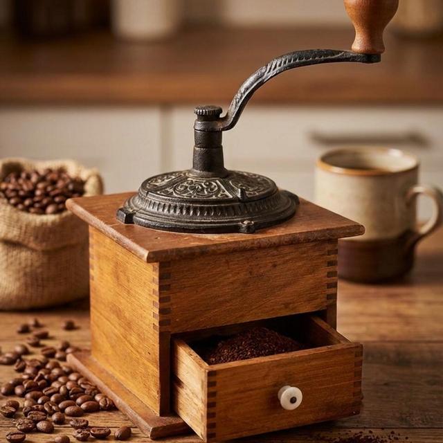 Vintage Cast-Iron & Wood COFFEE GRINDER Manual Ornate Primitive Farmhouse 1-Drawer