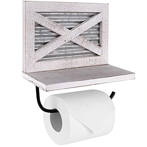 Autumn Alley Barn Door Farmhouse Toilet Paper Holder Wall Mount with Shelf – Rustic Farmhouse Home Décor – Shabby Chic Bathroom Decorations – Versatile and Functional Towel Holder with Shelf (White)