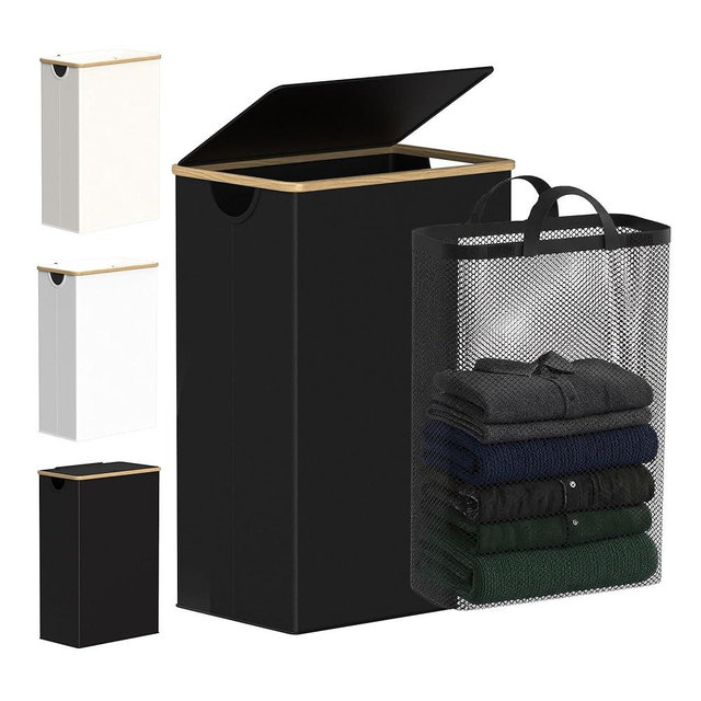 efluky Slim Laundry Basket with Lid, Narrow Laundry Hamper with Removable Bag, Skinny Dirty Clothes Basket with Bamboo Handles for Bathroom, Bedroom & Laundry Room, 90L Black