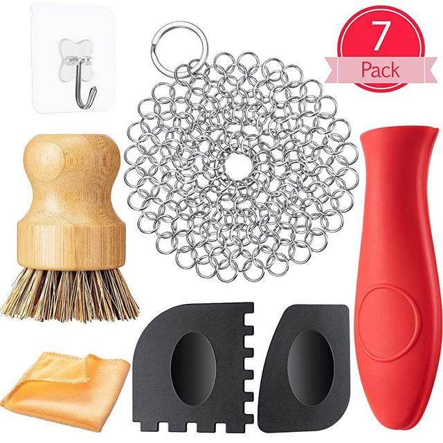 7 Pieces Cast Iron Cleaner Set Include Stainless Steel Chainmail Scrubber with Bamboo Dish Scrub Brush Hot Handle Holder 2 Pan Grill Scrapers Kitchen Towel Wall Hook