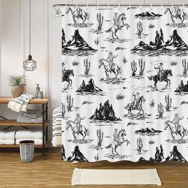 Dongbei Western Cowboy Shower Curtain with Cactus Landscape, American Wild West Cowboy on Horse in Desert Bath Curtain Farmhouse Country Southwestern Theme Bathroom Decor Set with Hooks 70X70IN Black