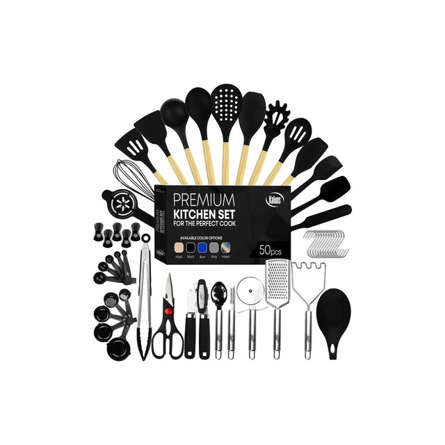 Kaluns Kitchen Utensils Set, 50 Piece Silicone And Stainless Steel Cooking Utensils, Dishwasher Safe and Heat Resistant Kitchen Tools, Black