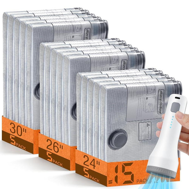 15 Pack Vacuum Storage Bags for Travel with Rechargeable Cordless Pump, Space Saver Bags for Clothes, Compression Packing Bags for Luggage and Suitcase, 15 Combo Size