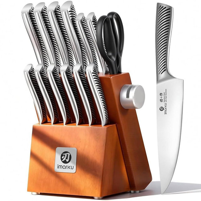 imarku 14-Piece Knife Set, Japanese Stainless Steel Knives Set for Kitchen, Full-Tang Gyutou Knife Sets with Block and Build-in Sharpener, Brown, Dishwasher Safe, House Warming Gifts