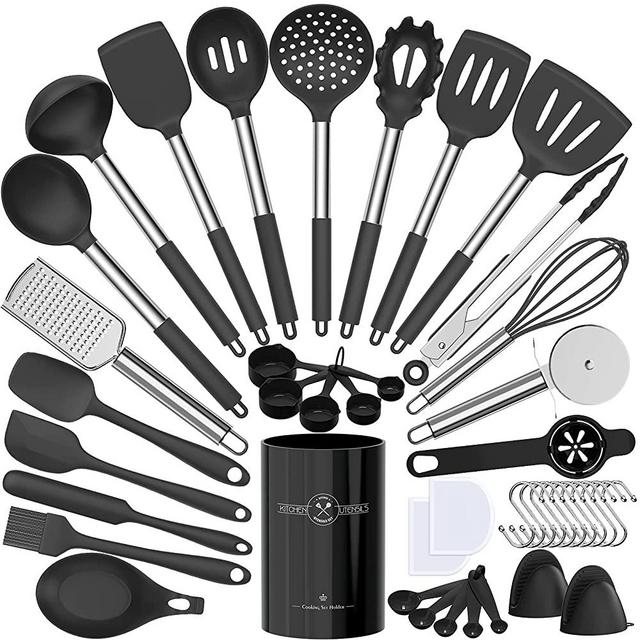 Silicone Kitchen Cooking Utensils Set-Umite Chef 43 pcs Heat Resistant Kitchen Utensils, Black Kitchen GadgetsTools Set with Stainess Steel Handles for Non-Stick Cookware