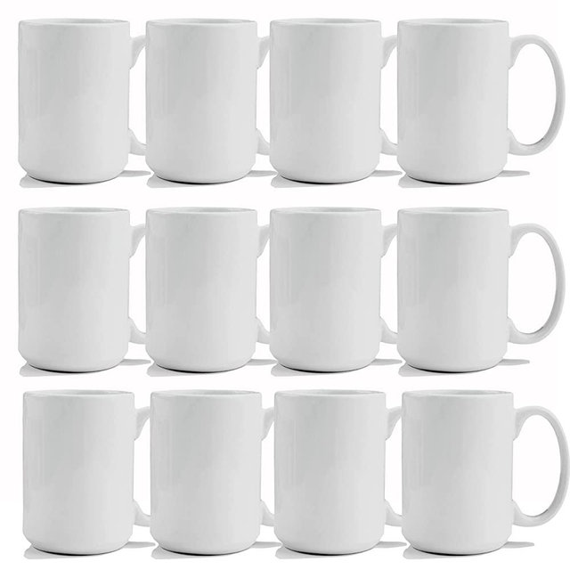 TANGLONG Blank Sublimation Mugs 15 oz White Ceramic Sublimation Coffee Mugs, Bulk Mugs for Coffee, Soup, Tea, Milk, Latte, Hot Cocoa Set of 12