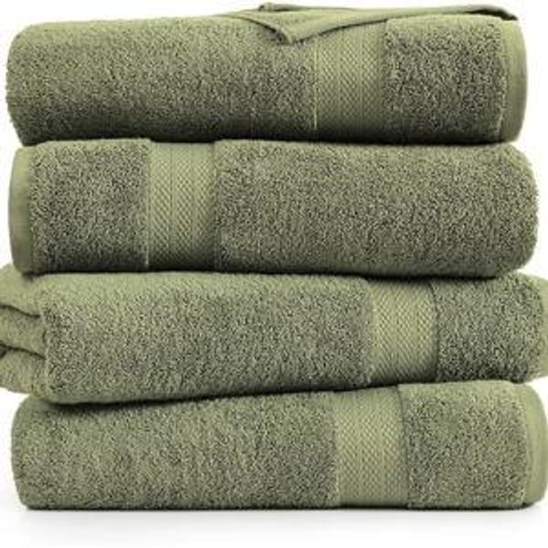 Lane Linen 100% Cotton 4 Pack Bath Towels (28"x54") - Ring Spun Mercerized Cotton Bathroom Towels Set - Quick Dry, Highly Soft & Absorbent Large Bath Towels - Tumble Dry Regains Fluffiness - Oil Green