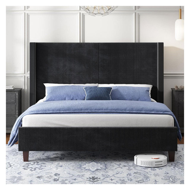 AMERLIFE California King Upholstered Platform Bed Frame, Wingback with 50.8" Headboard, Corduroy, Solid Wood Legs, No Box Spring, Black