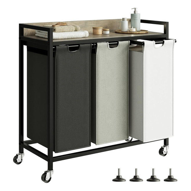 Herture Laundry Hampers with Shelf, Laundry Basket 3 Section, Laundry Sorter with Pull-Out Removable Large 3 Color Bags and Movable Wheels, Metal Frame, 3 x 15.87 Gallons (60L), Greige PF04XLZ