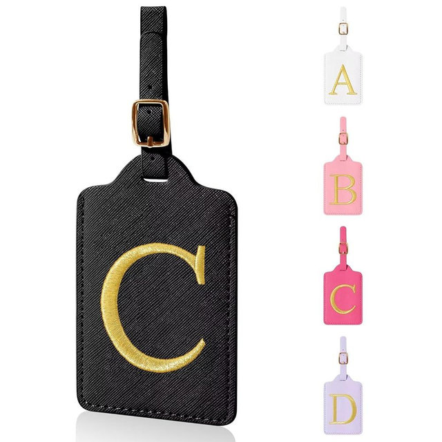 Personalized Initial Luggage Tags for Suitcases,Leather Letter Cute Luggage Tags with Privacy Name Card,Embroidered Monogrammed Travel Bag Backpack Tags Gifts for Women Kids Girls Teens(Black-C)